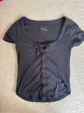 aerie Charcoal Ribbed Tie-Front Button Short Sleeve Top